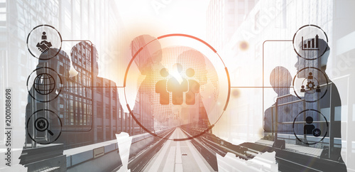 Foto Business teamwork connected around a globe representing cooperation, leadership,