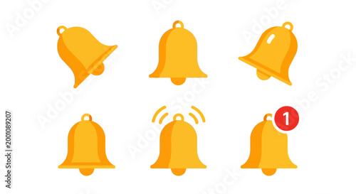 Foto Collection of notification bell icons in various states of ringing and alert, sy