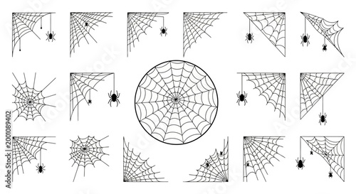 Collection of Halloween-themed spider webs and spiders, perfect for spooky decorations and graphic design elements