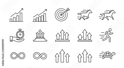 Collection of Growth and Speed Icons Arrows, Charts, Running Figures, and Infinity Symbols for Business and Lifestyle Concepts