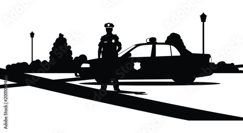 Dramatic silhouette of a police officer and car against a cityscape background
