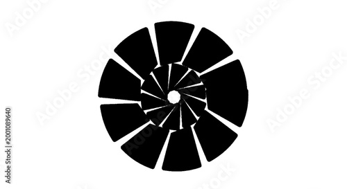 Minimal black silhouette icon, simple flat vector, bold black shape, no, no shading abstract circular geometric pattern with radial segments on a, flat icon style