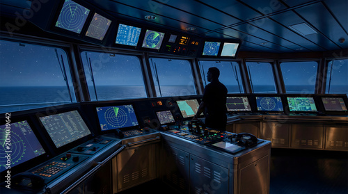 Officer navigating ship bridge at night using radar