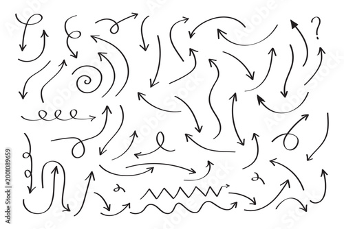 Collection of hand drawn arrows on white background