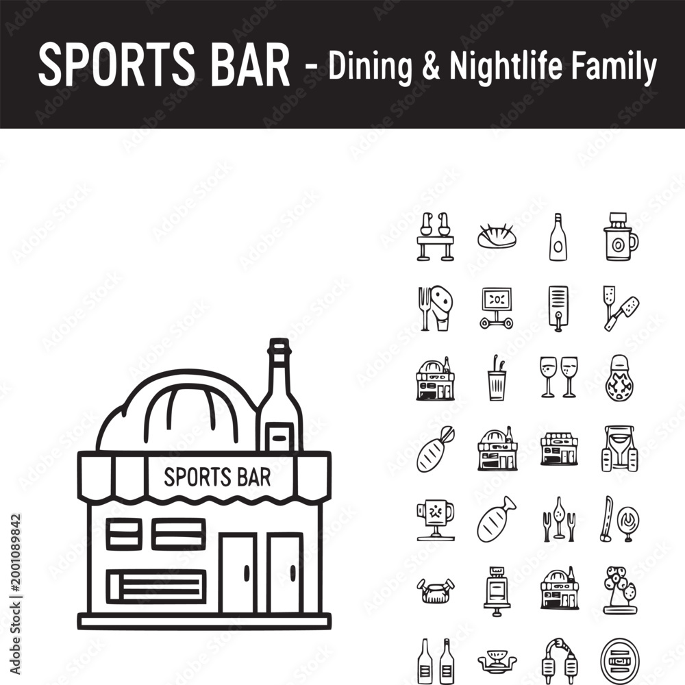 Obraz premium Sports bar icon set, dining and nightlife family vector elements, restaurant and pub line art collection, 25 hospitality industry symbols in EPS format