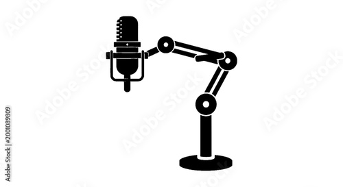 Minimal black silhouette icon, simple flat vector, bold black shape, no, no shading black silhouette of a studio microphone on an adjustable boom arm stand on a, flat icon style