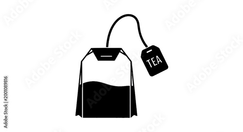 Minimal black silhouette icon, simple flat vector, bold black shape, no, no shading black silhouette of a tea bag with a tag on a, flat icon style