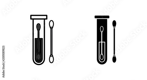 Minimal black silhouette icon, simple flat vector, bold black shape, no, no shading medical test tube with swab icon set on a, flat icon style