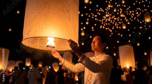Man releasing sky lantern at yi peng festival night