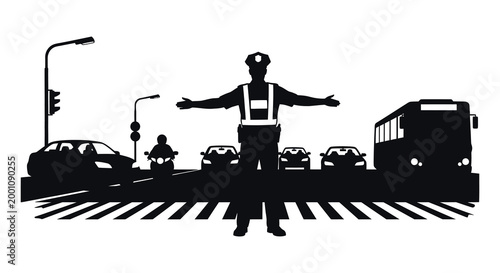 Silhouette of a worker directing traffic in a busy city street scene
