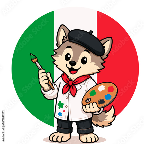 Italian national animal wolf painter — cute vector mascot with Italy flag background