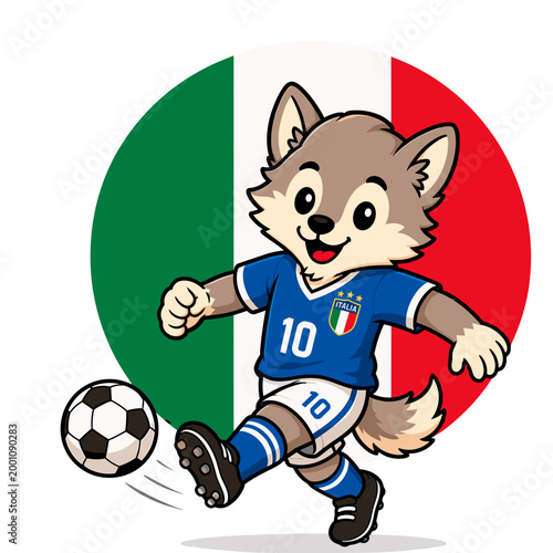Italian national animal wolf football player — cute vector mascot with Italy flag background