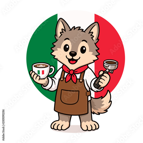 Italian national animal wolf barista — cute vector coffee mascot with Italy flag background