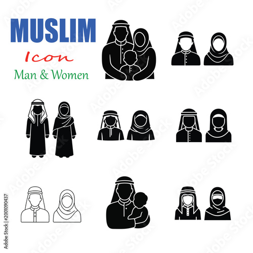 Muslim Family Avatar Icon Set Black Silhouette Islamic Men Women Child Outline Vector Collection