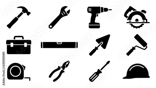Craftsman Tools Icons – Hammer, Drill, Wrench and Construction Equipment Silhouettes