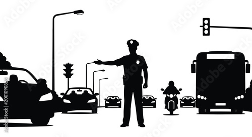 Urban traffic control a silhouette of a policeman directing vehicles in a cityscape