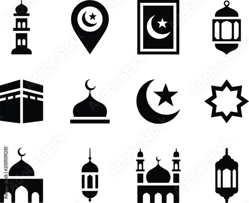 Collection of Islamic architectural and religious icons  islam, muslim, mosque, minaret