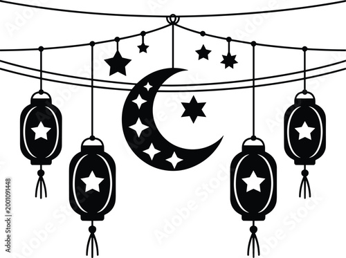 Islamic celebration decorations with moon and lanterns  eid, mubarak, islam, muslim