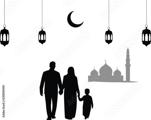 Muslim family walking with mosque and lanterns parents
