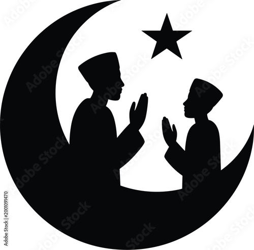 Muslim Father and Son Praying Silhouette vector
