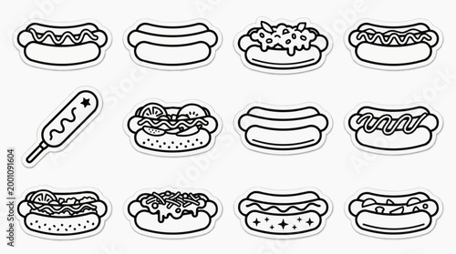 Set of hot dog and corn dog line art icons in simple doodle style