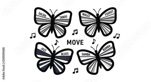 Black and white butterfly icons, music notes, MOVE text, vector graphics