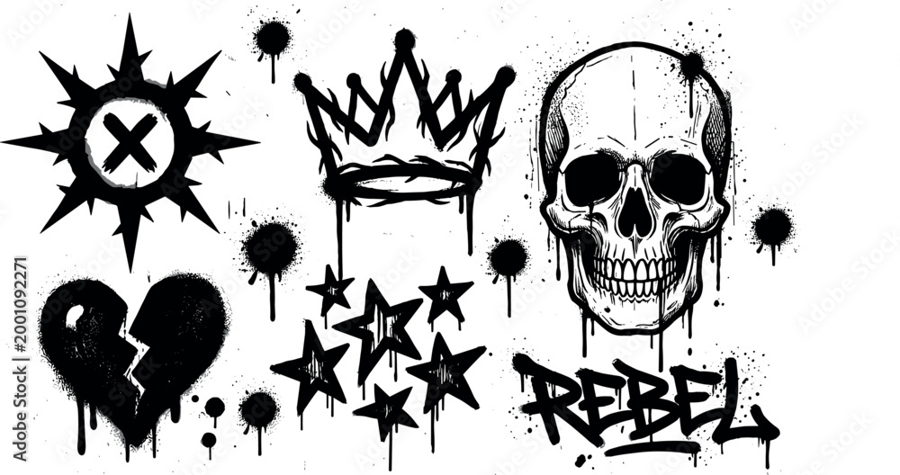Fototapeta premium graffiti spray paint elements set, urban street art skull crown heart and star icons, black ink drip symbols on transparent background