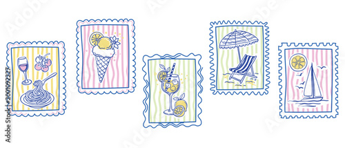 Vector set of summer postage stamps with hand-drawn line art illustrations of Mediterranean holiday. Collection of decorative stamps with stripes background featuring Italian pasta, gelato, tropical