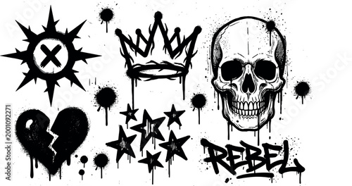 graffiti spray paint elements set, urban street art skull crown heart and star icons, black ink drip symbols on transparent background
