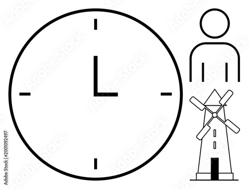 Time management, sustainability, human existence, clean energy, environmental awareness, and minimalism. A clock, a person figure and a windmill in black outlines. Time management and sustainability