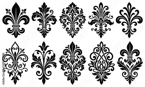 Set of fleurdelis ornaments, heraldic lily symbols, vintage floral design elements