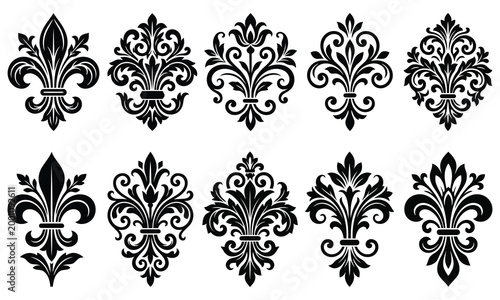 Set of fleurdelis ornaments, heraldic lily symbols, royal decorative elements, vintage floral motifs