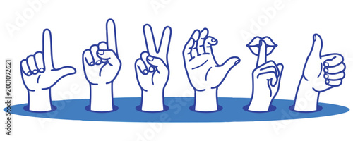 Set of hand gestures showing different signs and signals, vector illustration of various hand poses and communication symbols