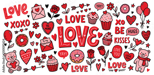Valentines day doodle set with hearts, love letters, cupcakes, roses, teddy bears, and donuts