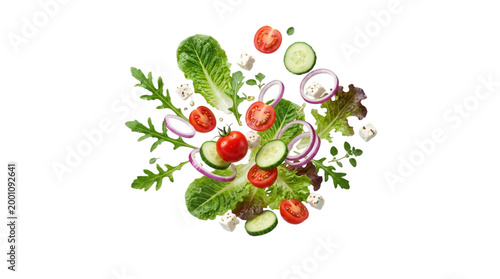 Fresh salad ingredients including lettuce, cherry tomatoes, cucumber slices, red onion rings, and feta cheese cubes isolated on transparent background