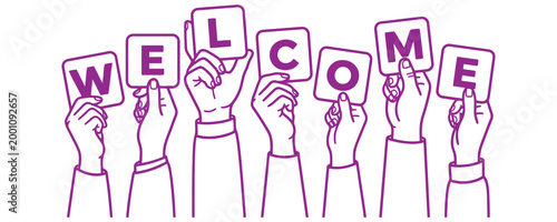 Hands holding signs with letters forming the word welcome