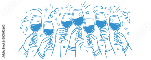 Group of people toasting with wine glasses, celebration concept, hand drawn vector illustration