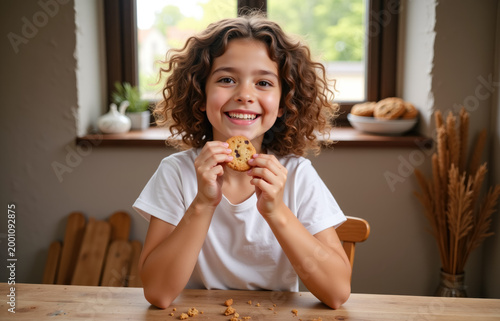 Girl in a white t-shirt sitting at a table, smiling and eating a chocolate chip cookie.