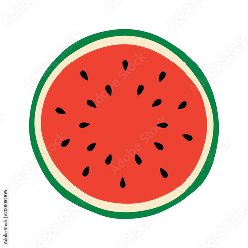 Round watermelon slice. Vector illustration with green rind, red flesh and black seeds on white background. Flat summer tropical fruit design.