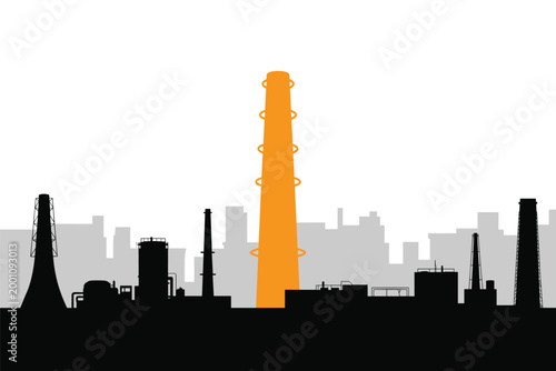 Industrial city skyline silhouette with one tall orange factory chimney highlight, urban pollution concept