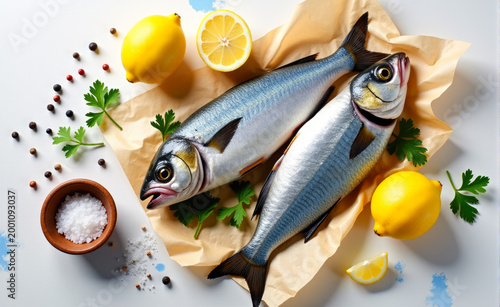 Two fresh raw fish on aged parchment with lemon wedges, parsley, and spices, small bowl of sea salt, arranged on a light textured surface, rustic culinary composition.