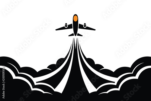 Airplane silhouette taking off with dramatic black and white smoke trails, travel aviation concept