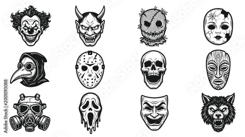 Horror mask icon set in black silhouette style on transparent background