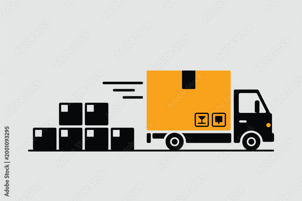 Fototapeta premium Delivery truck carrying a large yellow box with stack of packages behind, shipping concept