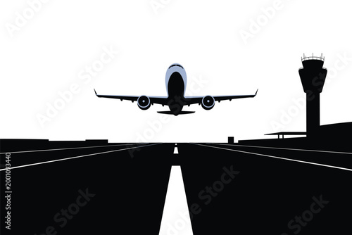 Passenger airplane landing on airport runway with control tower silhouette background, aviation concept