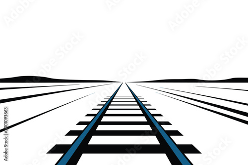 Symmetrical railway tracks disappearing into the horizon with blue rail details, transportation concept