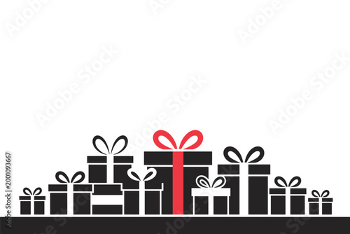 Large group of black gift boxes with one prominent red ribbon gift, Christmas concept