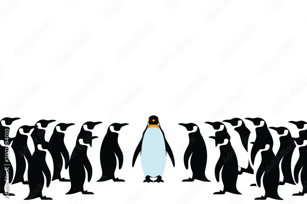 Obraz premium Group of black penguin silhouettes with one light blue penguin standing in center, uniqueness concept
