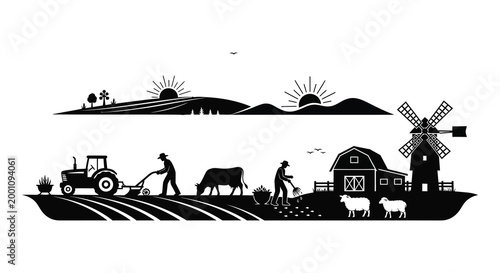 Rural landscape silhouette farm life scene with windmill animals and agricultural activities