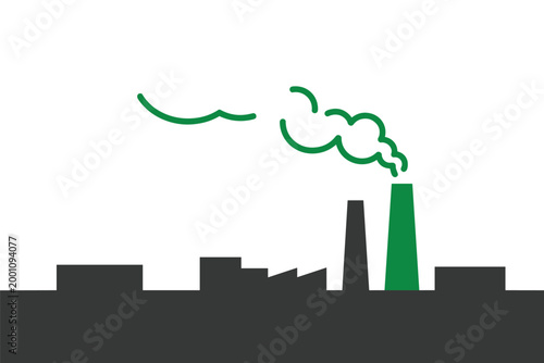 Industrial factory skyline with one green chimney emitting smoke for eco-friendly, green industry concept